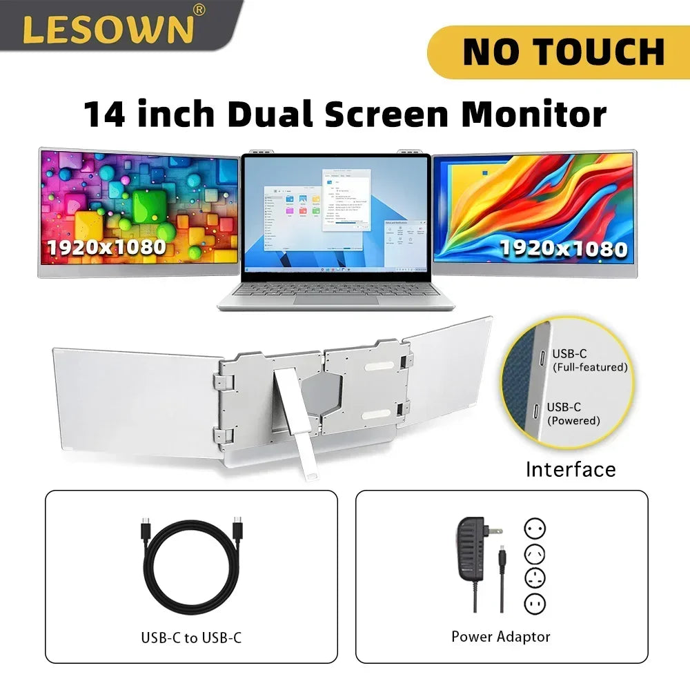 LESOWN Dual Portable Monitor 13.3 14 15.6 inch 1920x1080 IPS USB C Double Screen Laptop Extender PC Gamer Display for Computer