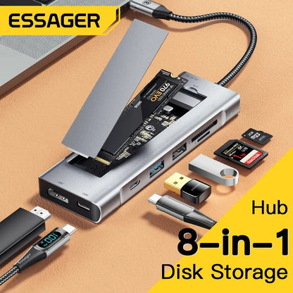 Essager 8-in-1 USB Hub With Disk Storage Function USB Type-c to HDMI-Compatible Laptop Dock Station For Macbook Pro Air M1 M2