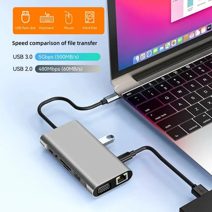 11-in-1 Type-c USB 3.0 Hub Laptop Docking Station Type C to 4K HDMI-Compatible VGA PD RJ45 100M Adapter for MacBook Pro Air