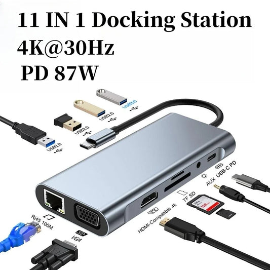 11-in-1 Type-c USB 3.0 Hub Laptop Docking Station Type C to 4K HDMI-Compatible VGA PD RJ45 100M Adapter for MacBook Pro Air