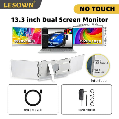 LESOWN Dual Portable Monitor 13.3 14 15.6 inch 1920x1080 IPS USB C Double Screen Laptop Extender PC Gamer Display for Computer