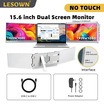 LESOWN Dual Portable Monitor 13.3 14 15.6 inch 1920x1080 IPS USB C Double Screen Laptop Extender PC Gamer Display for Computer