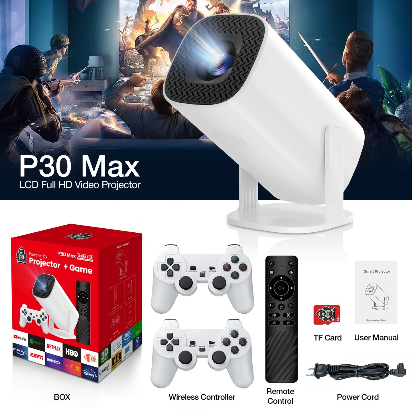 Salange P30 Max Video Game Console Include 2 Wireless Game Controllers 3800 Games Support 4K 1080P Android11 Portable Projector