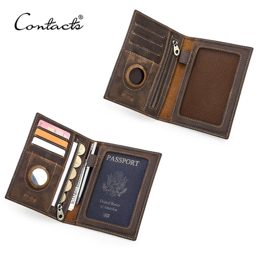 CONTACT'S Genuine Leather Passport Wallets Card Holder Coin Purse AirTag Slot Men Travel Wallet Women‘s Purse Passport Cover Bag