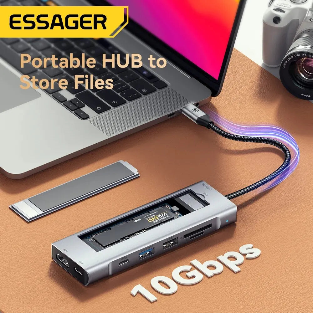 Essager 8-in-1 USB Hub With Disk Storage Function USB Type-c to HDMI-Compatible Laptop Dock Station For Macbook Pro Air M1 M2