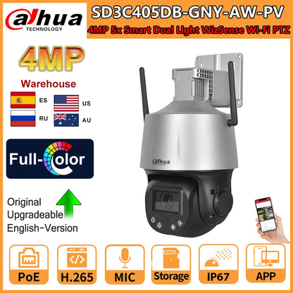 Dahua IP Camera 4MP 5X Zoom Smart Dual Light WizSense Wi-Fi IR PTZ Camera SD3C405DB-GNY-AW-PV Built-in Mic Speaker SD Card Slot